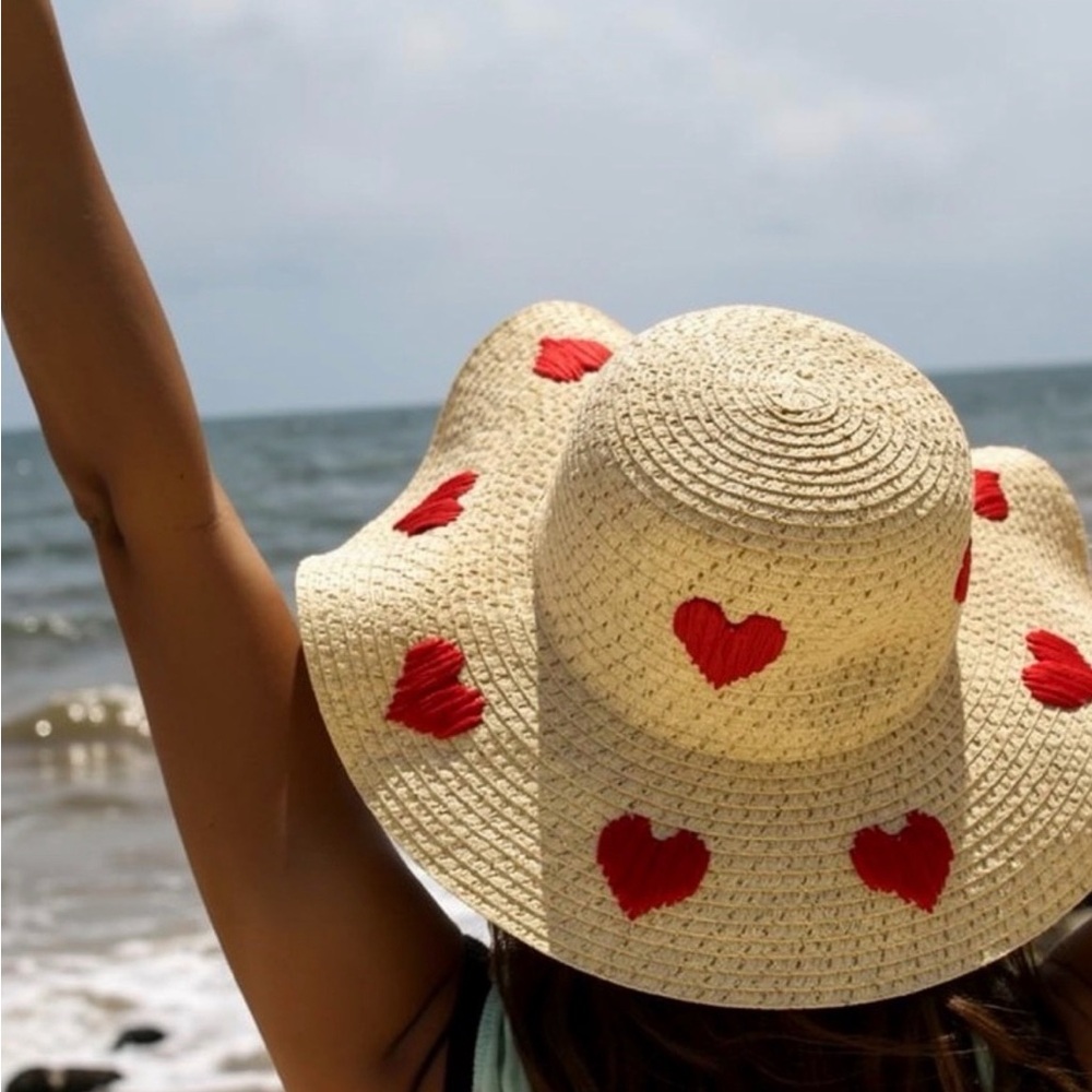 NWT Straw Sun Hat with Red Heart Embroidery - Women's Beach Hat